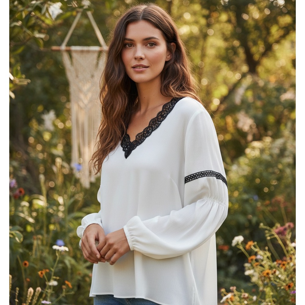 Laundry Shelli Segal S Top White Black Lace Whimsigoth Grunge Edgy Boho Chic